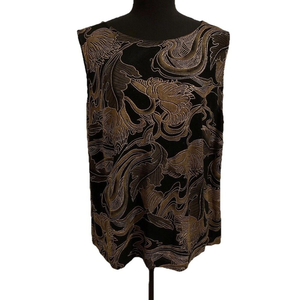 Alex Evenings Womens Size 1X Top Shell Black Gold Stretch Paisley